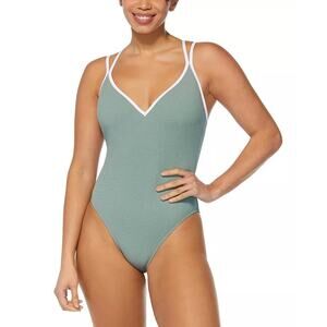 REEBOK SWIM Twin-Strap Piping-Trim One-Piece Swim Bathing Suit Green NWT Small